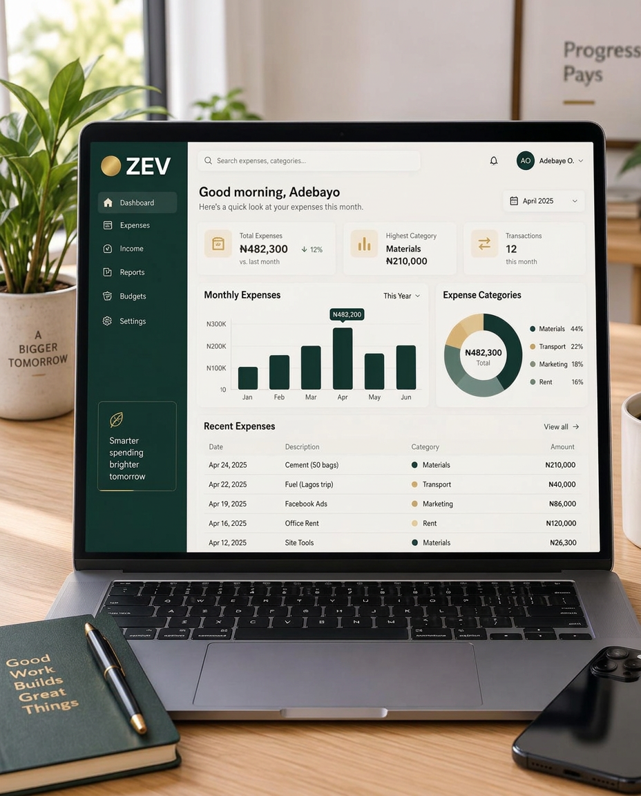 ZEV dashboard showing monthly expenses by category